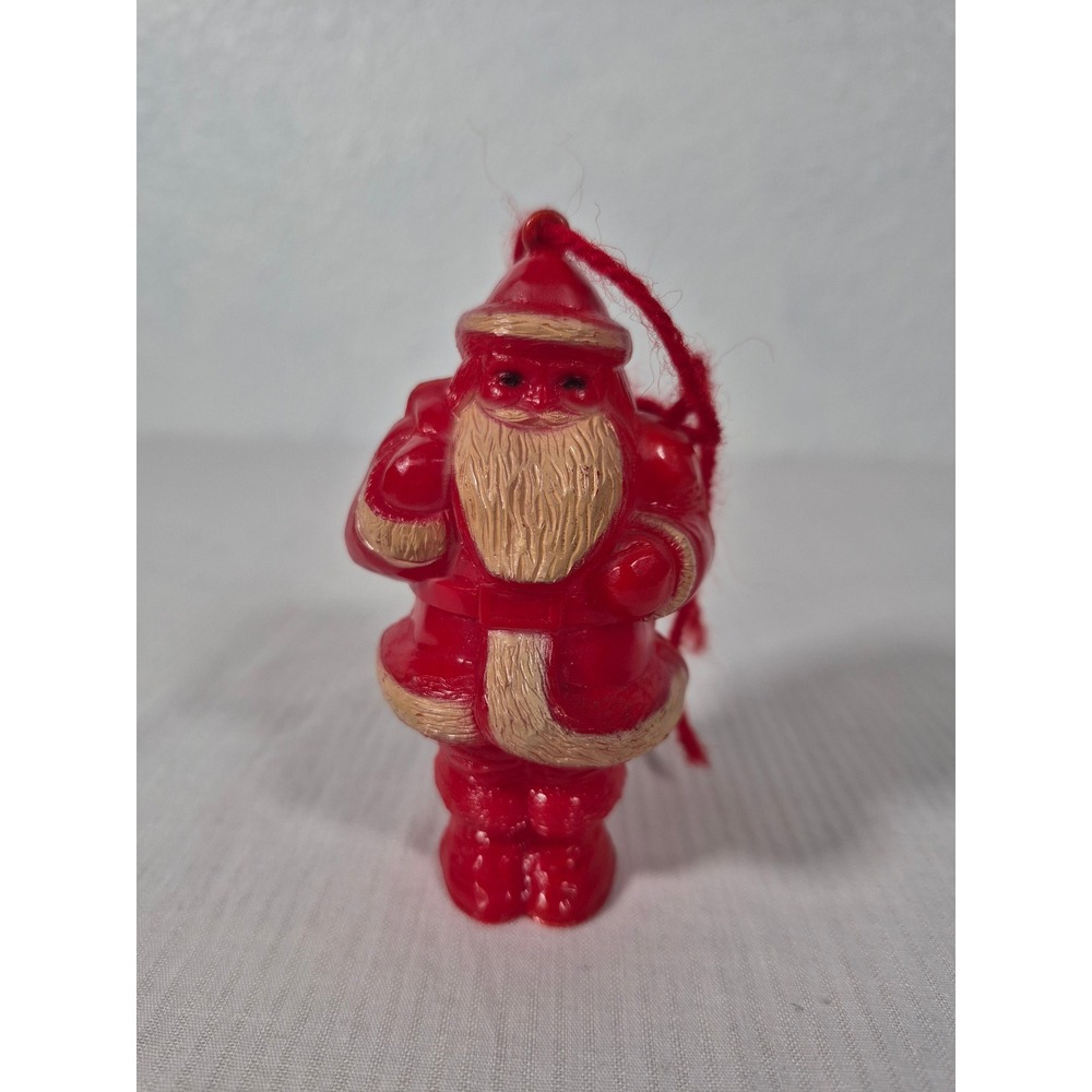 Vintage Red Plastic Santa Claus Ornament with Toy Sack Mid Century Christmas